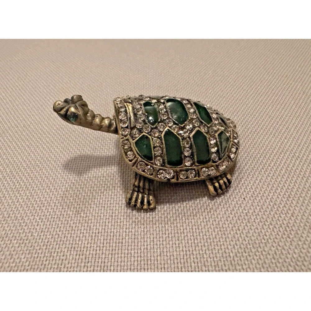 Bejeweled Turtle Trinket Bok Green‎ & Rhinestone 2.5
